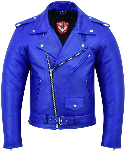 Warrior Gears® Perfecto Marlo Brando Leather Motorcycle Jacket for Men | Cowhide- Blue - Warrior Gears