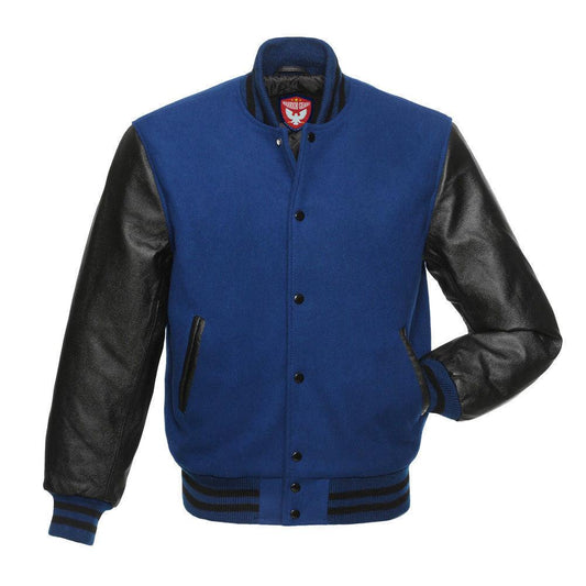 Warrior Gears® Classic Hybrid Varsity Jacket University Letterman Bomber Jacket-Royal Pure Wool Body & Black Real Leather Sleeves - Warrior Gears