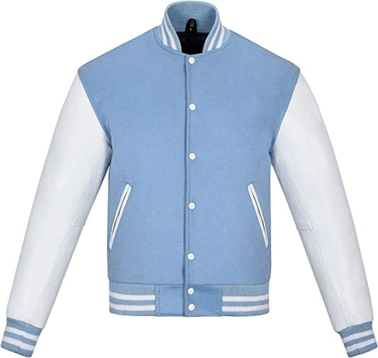 Warrior Gears Classic Hybrid Varsity Jacket for Kids, Toddler Letterman Bomber Jacket for Boys, Unisex Varsity Jacket Girls, Baby Blue Pure Wool Body & White Cowhide Leather Sleeves