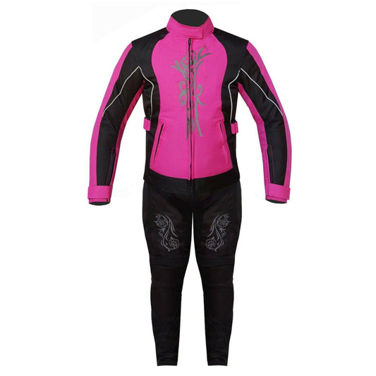 Ladies Motorcycle Suit Waterproof CE Armoured Motorbike Jacket Trouser Set Pink - Warrior Gears