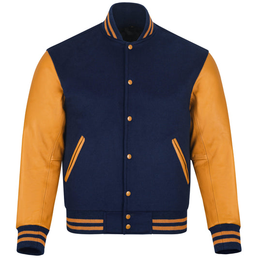 Warrior Gears® Classic Varsity Jacket University Letterman Bomber Jacket- Navy Blue Pure Wool Body & Gold/Yellow Real Leather Sleeves - Warrior Gears