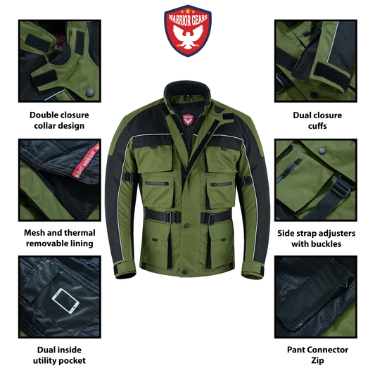Warrior Gears 6 Pockets Mens Motorcycle Jacket Olive