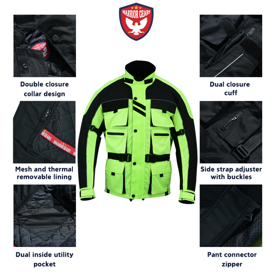 Warrior Gears 6 Pockets Mens Motorcycle Jacket Hi-Viz