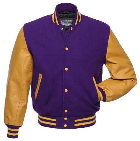 Warrior Gears® Classic Hybrid Varsity Jacket University Letterman Bomber Jacket- Purple Wool Body & Gold Real Leather Sleeves - Warrior Gears