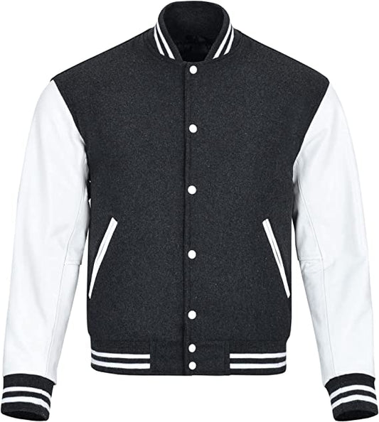 Warrior Gears Classic Hybrid Varsity Jacket for Kids, Toddler Letterman Bomber Jacket for Boys, Unisex Varsity Jacket Girls, Dark Grey Pure Wool Body & White Cowhide Leather Sleeves