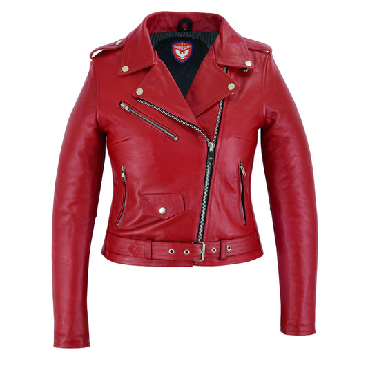 Warrior Gears® Brando Style Ladies Leather Motorcycle Jacket - Red - Warrior Gears