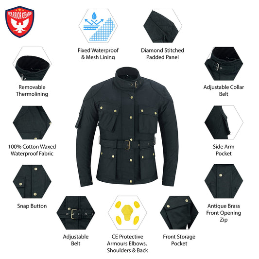 Warrior Gears Ladies Waxed Cotton Motorcycle Jackets With Armours Black