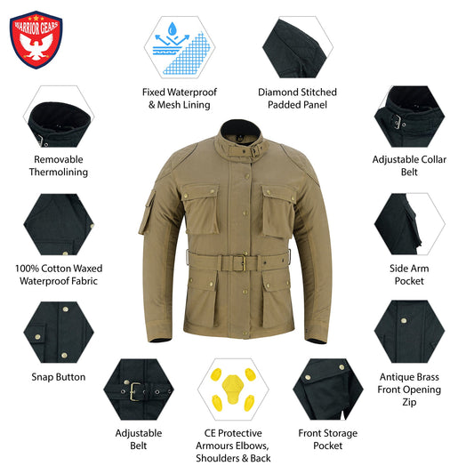 Warrior Gears Ladies Waxed Cotton Motorcycle Jackets With Armours Tan