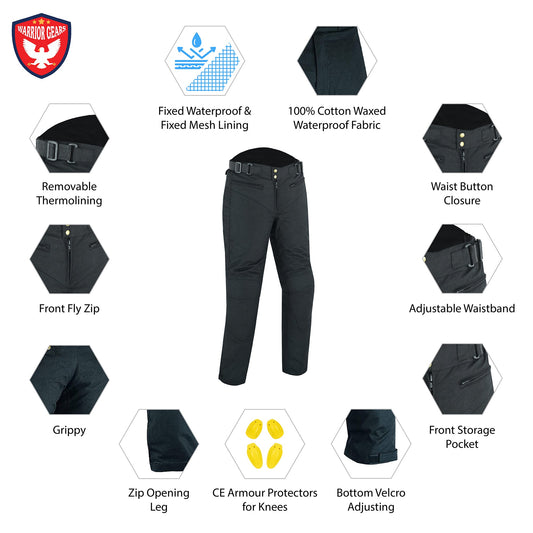 Warrior Gears Ladies Waxed Cotton Motorbike Trouser Black