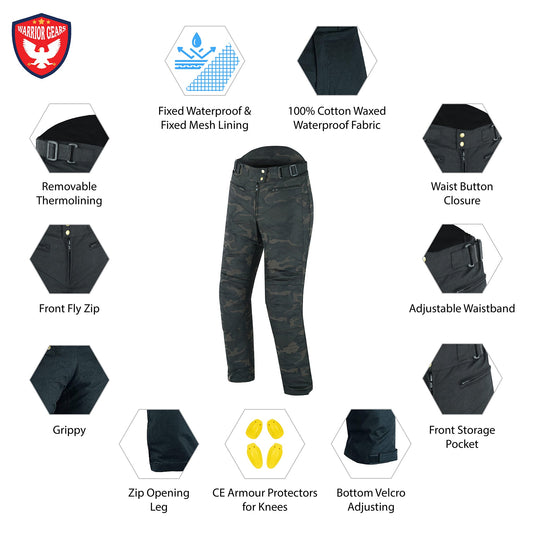 Warrior Gears Ladies Waxed Cotton Motorbike Trouser Camo