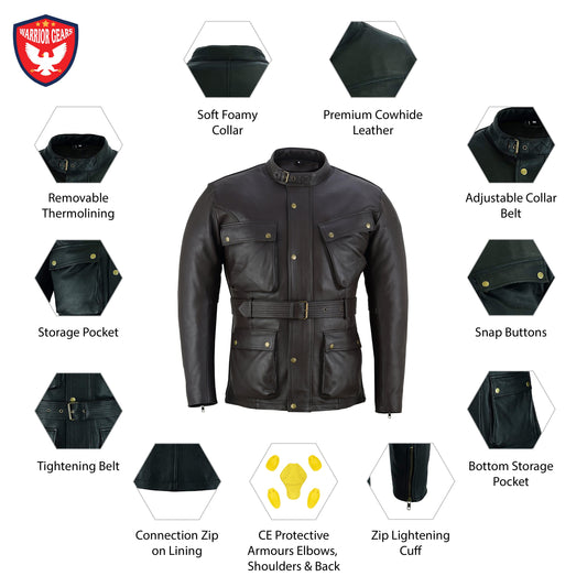 Warrior Gears Mens Nappa Leather Motorcycle Jacket With Armours - Brown