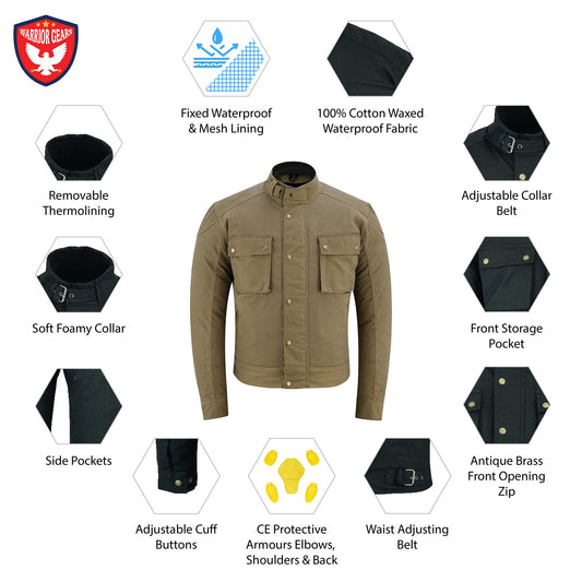 Warrior Gears Tan Wax Cotton Motorcycle Jacket – Men’s Short Body Shirt Style with CE Armour & Waterproof Mesh Lining