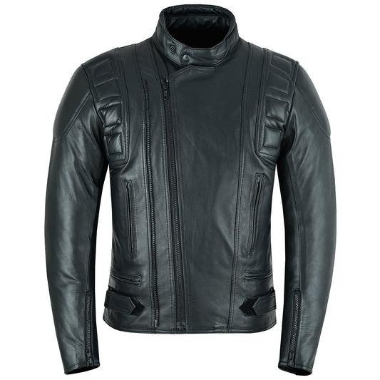 A black leather motorcycle jacket with a standing collar, zipper closure, and quilted panel detailing. It features side zipper pockets and brass zippers.