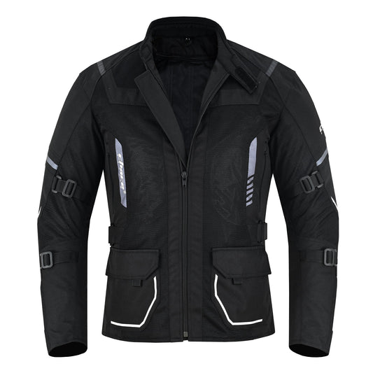 The black mesh touring jacket is unzipped and pulled back, showing the main zipper area, the stand collar, and the large mesh panels on the chest and torso.