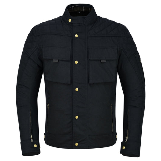 A black, quilted, wax-cotton-style motorcycle jacket with gold snap buttons, four flap pockets, and zipper details on the sleeves and waist, shown against a pure white backdrop.