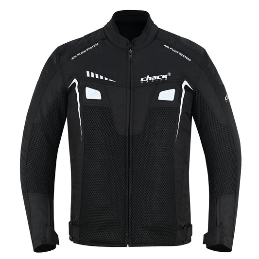 Front view of the black Chace Volt textile motorcycle jacket featuring large mesh panels, "Air Flow System" branding, reflective white accents, and a stand collar, against a white background.