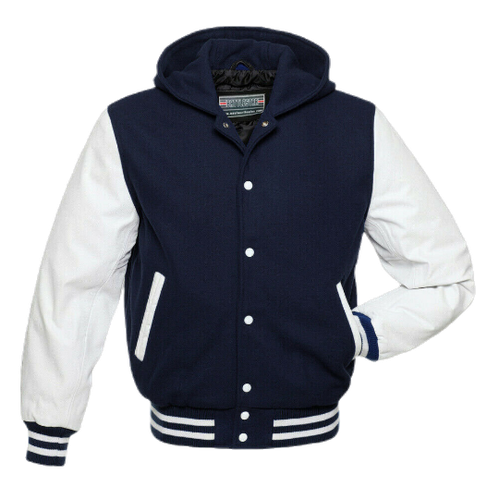 Warrior Gears Classic Varsity Jacket with Hood University Letterman Bomber Jacket- Navy Blue Pure Wool Body & White Real Leather Sleeves - Warrior Gears