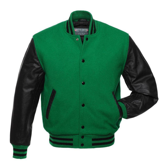 Warrior Gears® Classic Varsity Jacket University Letterman Bomber Jacket- Green Pure Wool Body & Black Real Leather Sleeves - Warrior Gears
