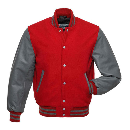 Warrior Gears® Classic Varsity Jacket University Letterman Bomber Jacket-Red Pure Wool Body & Grey Real Leather Sleeves - Warrior Gears