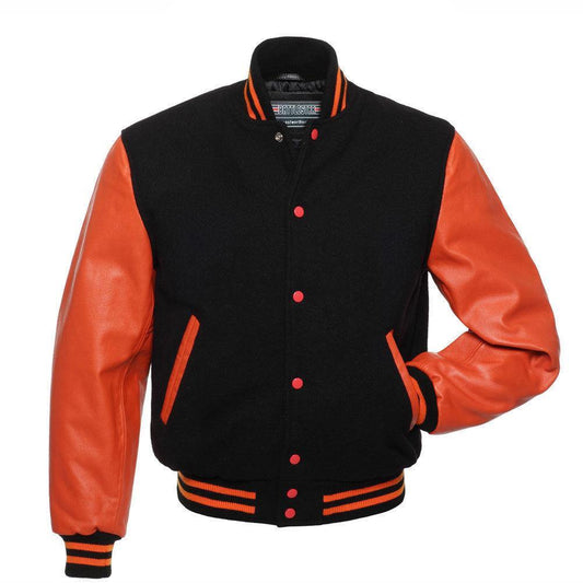 Warrior Gears® Classic Varsity Jacket University Letterman Bomber Jacket- Black Pure Wool Body & Orange Real Leather Sleeves - Warrior Gears