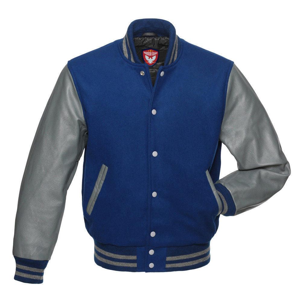 Warrior Gears® Classic Hybrid Varsity Jacket University Letterman Bomber Jacket- Royal Blue Wool Body & Grey Leather Sleeves - Warrior Gears