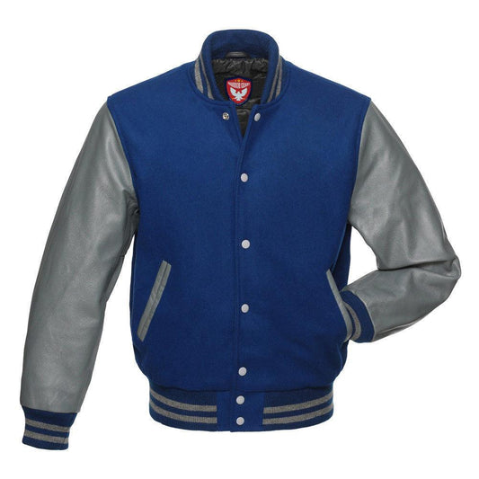 Warrior Gears® Classic Hybrid Varsity Jacket University Letterman Bomber Jacket- Royal Blue Wool Body & Grey Leather Sleeves - Warrior Gears