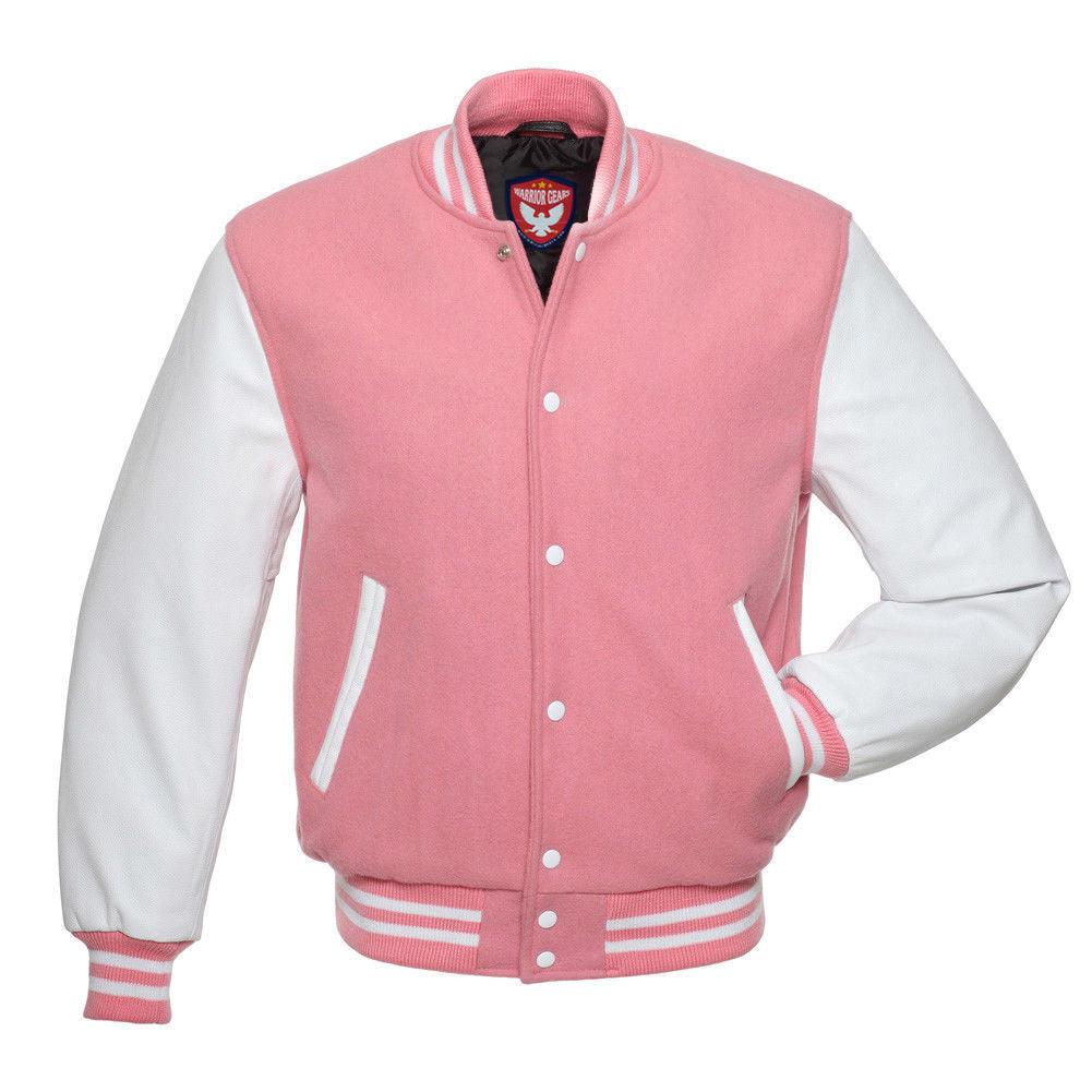 Warrior Gears® Classic Varsity Jacket University Letterman Bomber Jacket- Pink Pure Wool Body & White Real Leather Sleeves - Warrior Gears