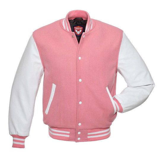 Warrior Gears® Classic Varsity Jacket University Letterman Bomber Jacket- Pink Pure Wool Body & White Real Leather Sleeves - Warrior Gears