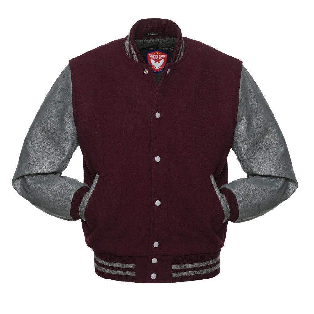 Warrior Gears® Classic Hybrid Varsity Jacket University Letterman Bomber Jacket-Maroon Wool Body & Grey Leather Sleeves - Warrior Gears