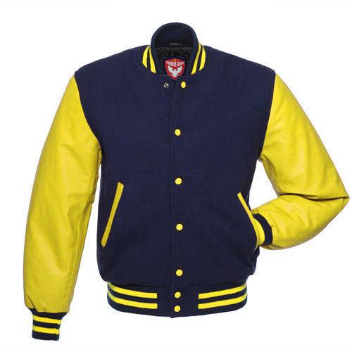 Warrior Gears® Classic Varsity Jacket University Letterman Bomber Jacket-Navy Blue Pure Wool Body & Yellow Real Leather Sleeves - Warrior Gears