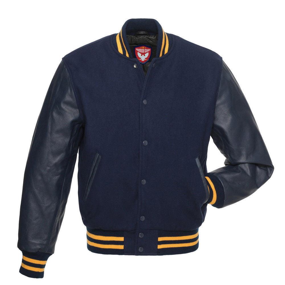 Warrior Gears® Classic Hybrid Varsity Jacket University Letterman Bomber Jacket- Navy Blue Pure Wool Body & Navy Real Leather Sleeves - Warrior Gears