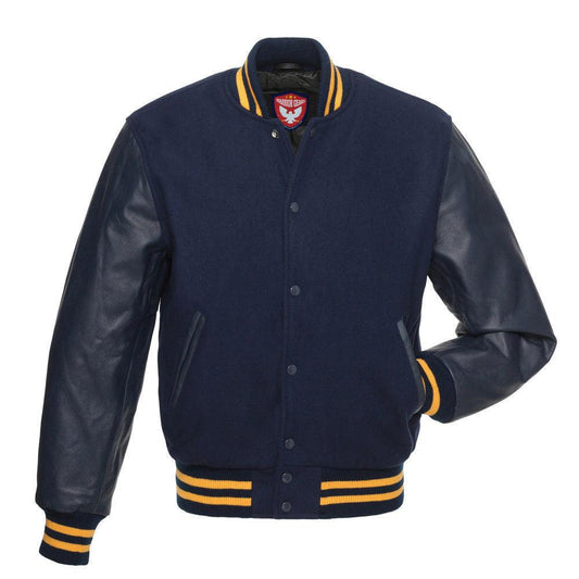 Warrior Gears® Classic Hybrid Varsity Jacket University Letterman Bomber Jacket- Navy Blue Pure Wool Body & Navy Real Leather Sleeves - Warrior Gears