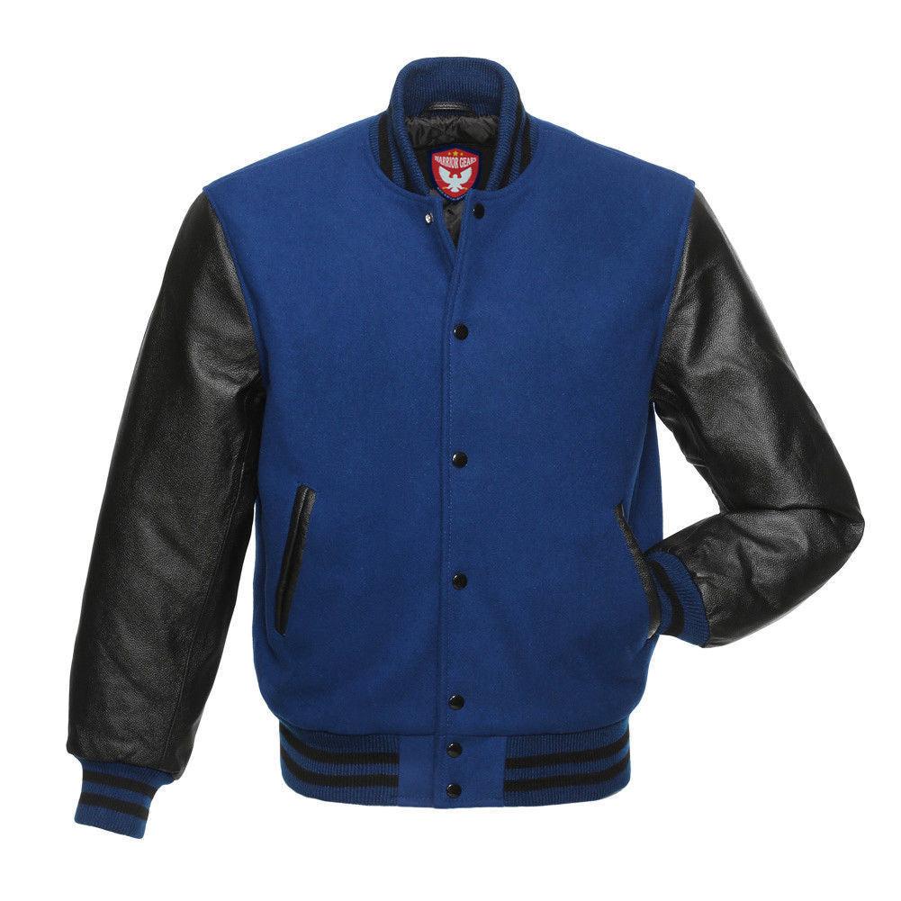 Warrior Gears® Classic Hybrid Varsity Jacket University Letterman Bomber Jacket-Royal Pure Wool Body & Black Real Leather Sleeves - Warrior Gears