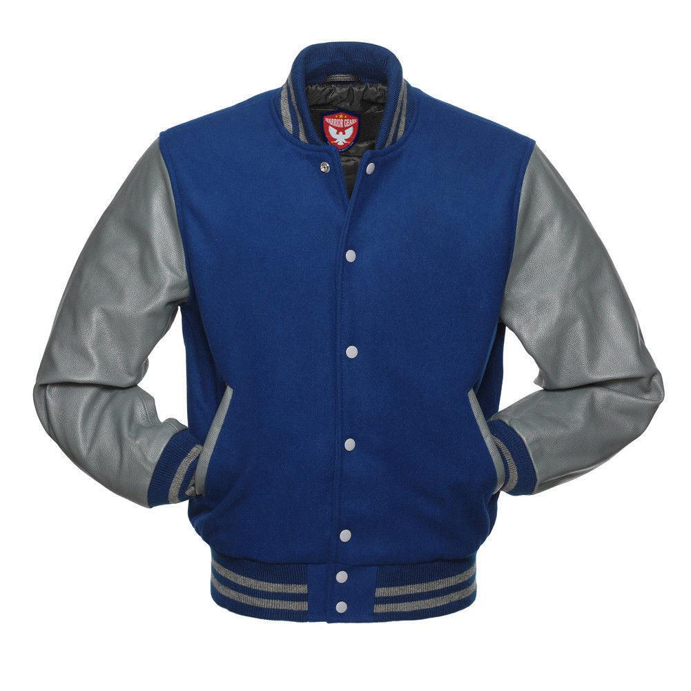 Warrior Gears® Classic Hybrid Varsity Jacket University Letterman Bomber Jacket- Royal Blue Wool Body & Grey Leather Sleeves - Warrior Gears