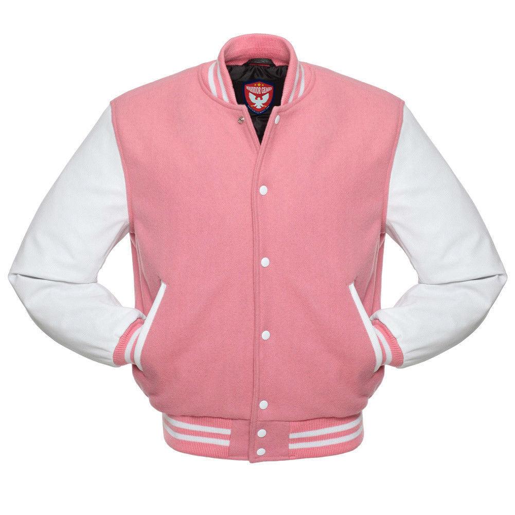 Warrior Gears® Classic Varsity Jacket University Letterman Bomber Jacket- Pink Pure Wool Body & White Real Leather Sleeves - Warrior Gears