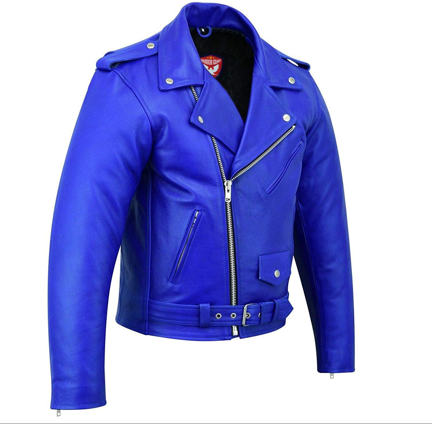 Warrior Gears® Perfecto Marlo Brando Leather Motorcycle Jacket for Men | Cowhide- Blue - Warrior Gears