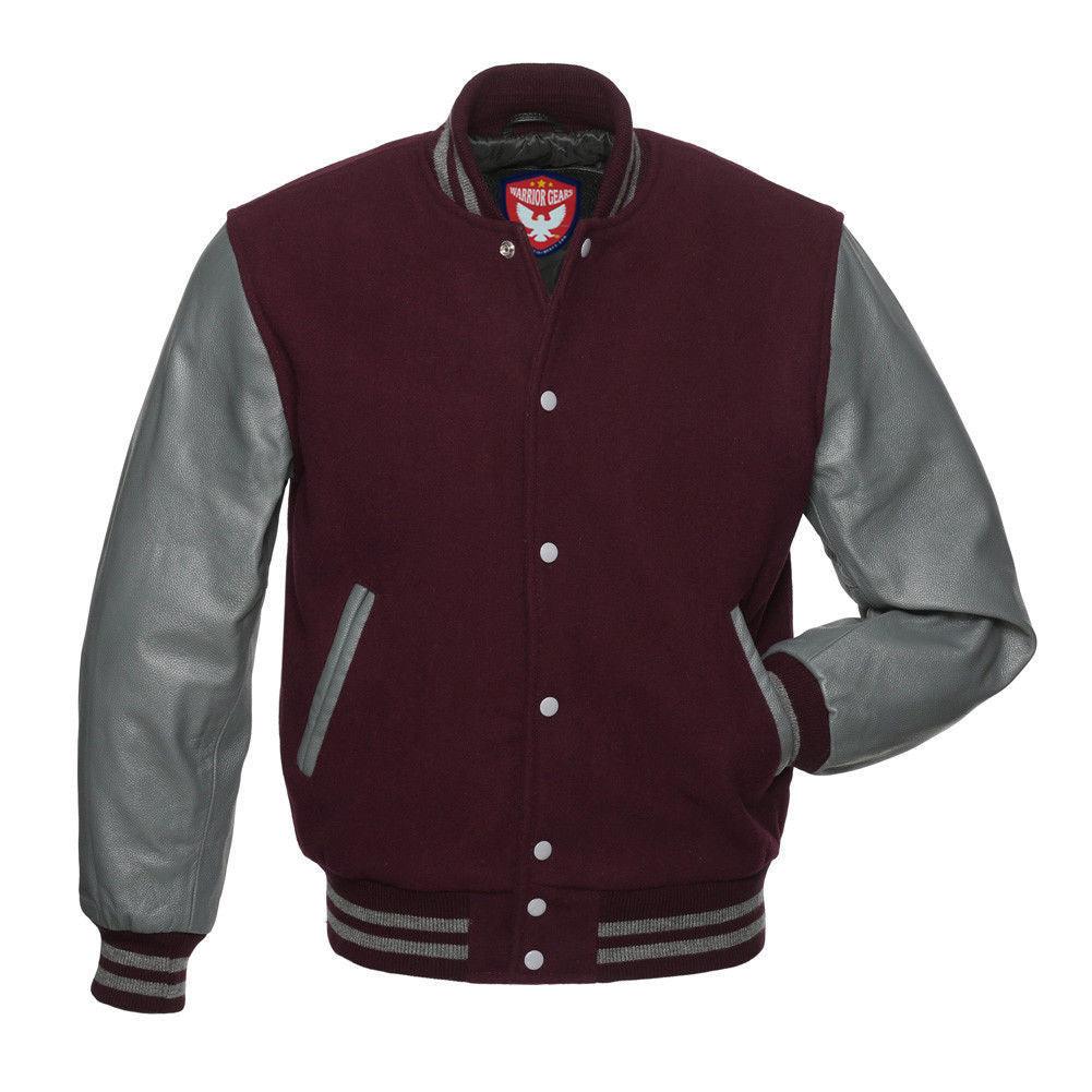 Warrior Gears® Classic Hybrid Varsity Jacket University Letterman Bomber Jacket-Maroon Wool Body & Grey Leather Sleeves - Warrior Gears