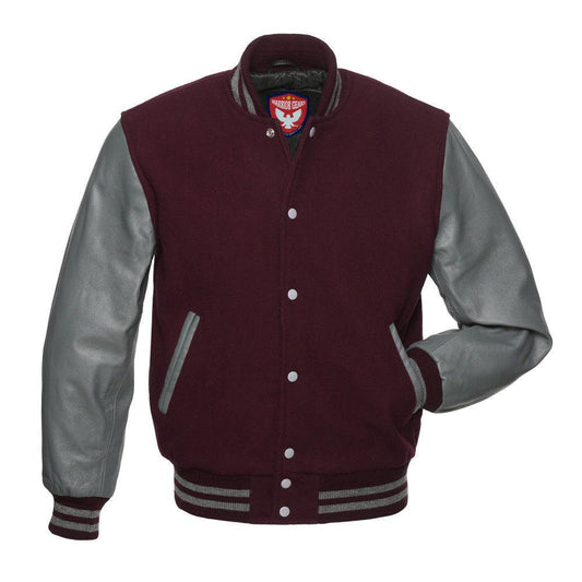 Warrior Gears® Classic Hybrid Varsity Jacket University Letterman Bomber Jacket-Maroon Wool Body & Grey Leather Sleeves - Warrior Gears