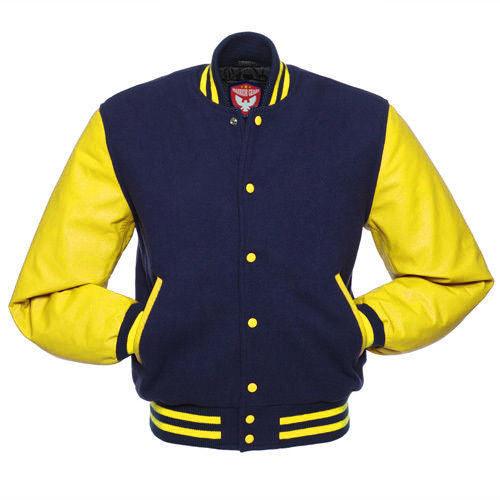 Warrior Gears® Classic Varsity Jacket University Letterman Bomber Jacket-Navy Blue Pure Wool Body & Yellow Real Leather Sleeves - Warrior Gears