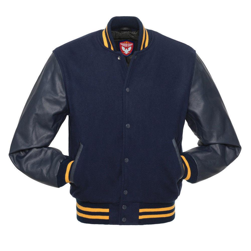 Warrior Gears® Classic Hybrid Varsity Jacket University Letterman Bomber Jacket- Navy Blue Pure Wool Body & Navy Real Leather Sleeves - Warrior Gears