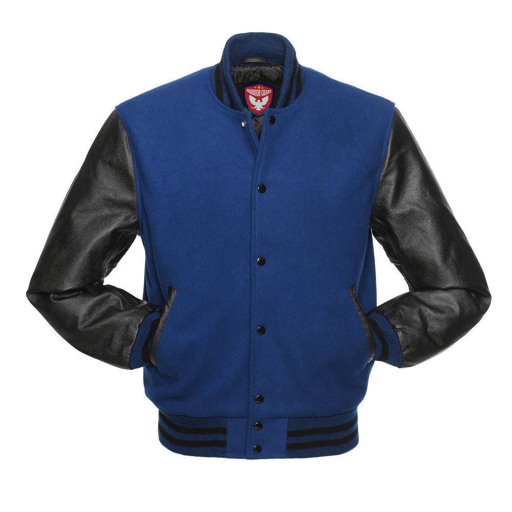 Warrior Gears® Classic Hybrid Varsity Jacket University Letterman Bomber Jacket-Royal Pure Wool Body & Black Real Leather Sleeves - Warrior Gears