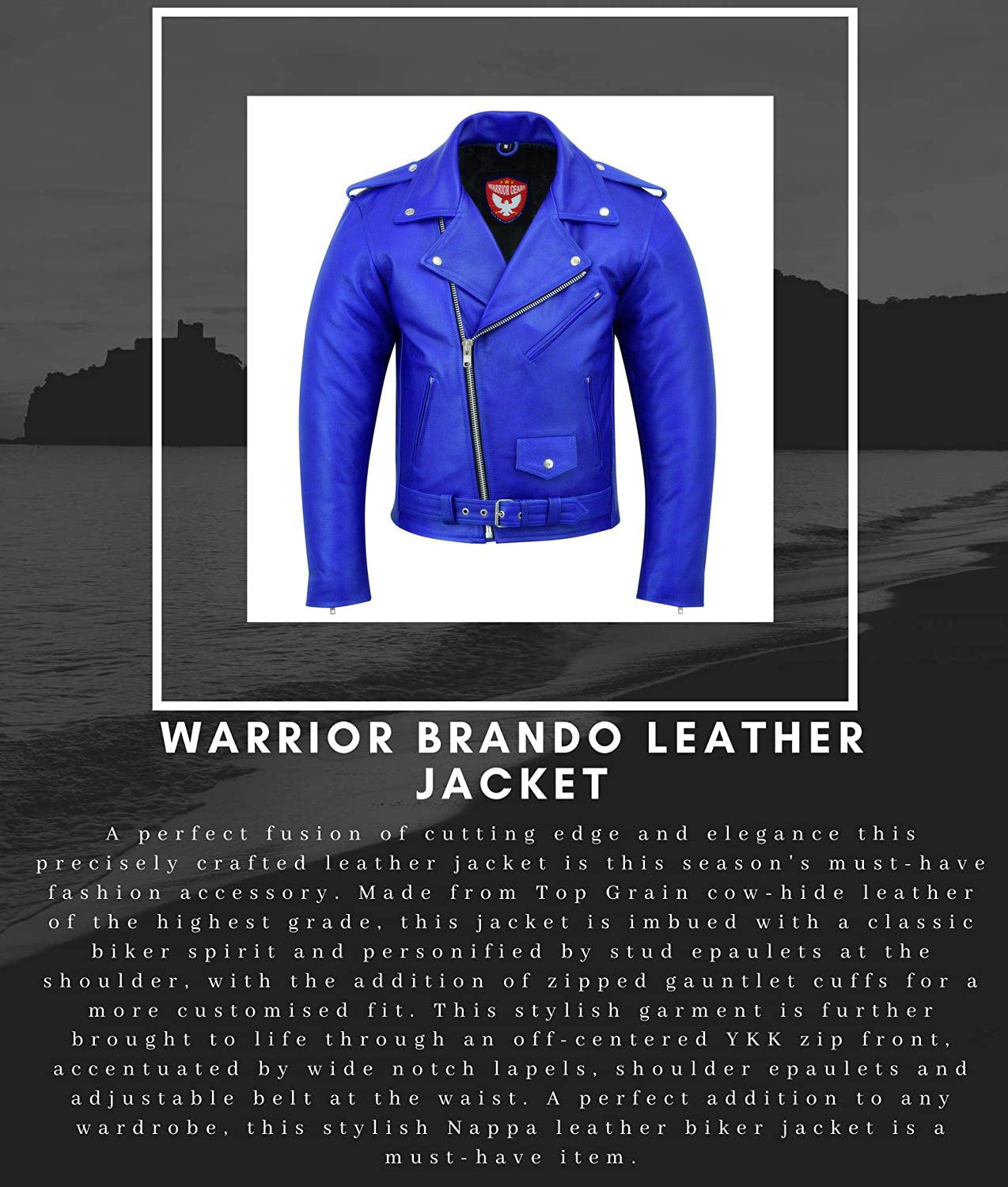 Warrior Gears® Perfecto Marlo Brando Leather Motorcycle Jacket for Men | Cowhide- Blue - Warrior Gears