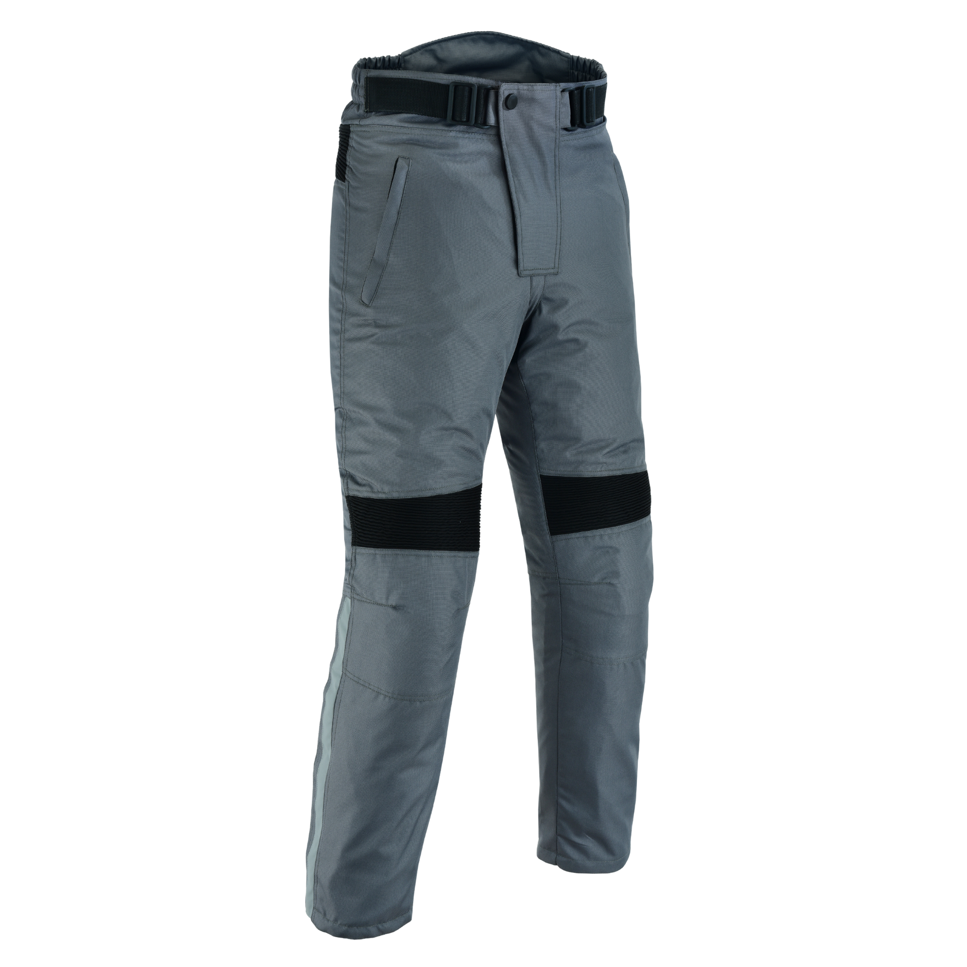Gray motorcycle pants with black accents on a white background