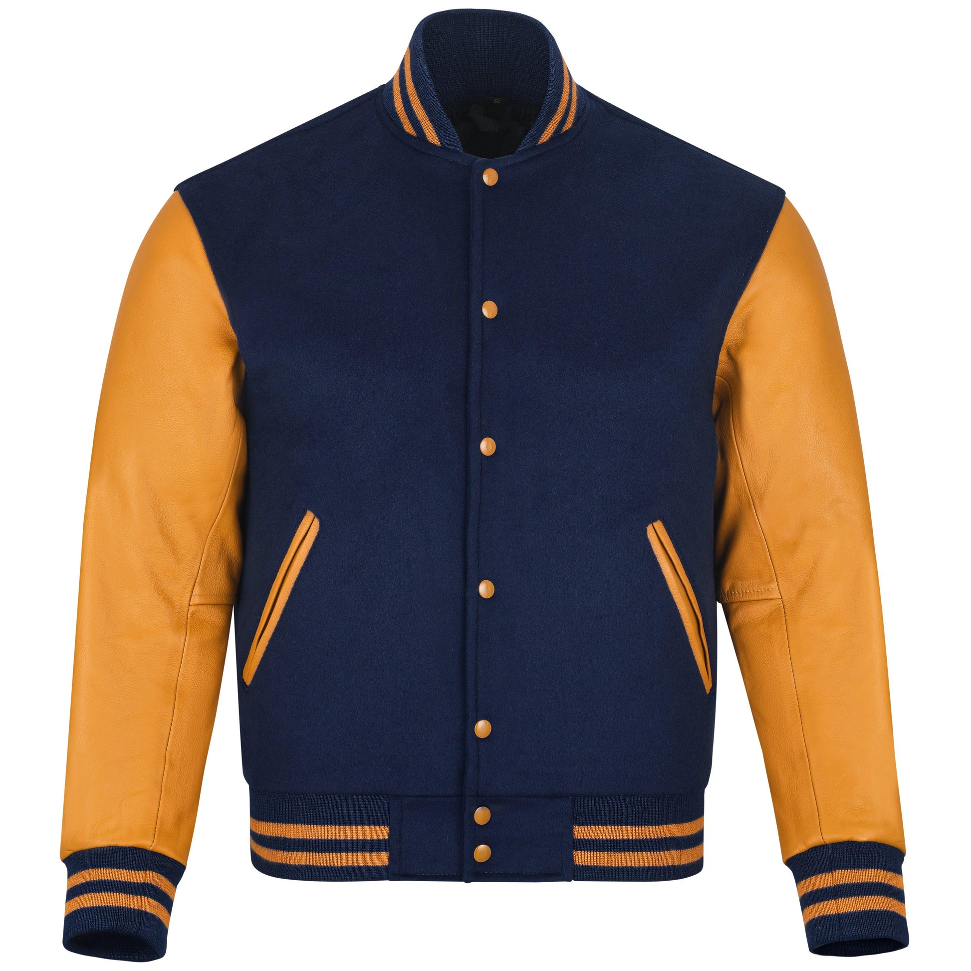 Warrior Gears® Classic Varsity Jacket University Letterman Bomber Jacket- Navy Blue Pure Wool Body & Gold/Yellow Real Leather Sleeves - Warrior Gears