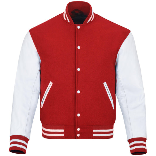 Warrior Gears® Classic Varsity Jacket University Letterman Bomber Jacket- Red Pure Wool Body & White Real Leather Sleeves - Warrior Gears