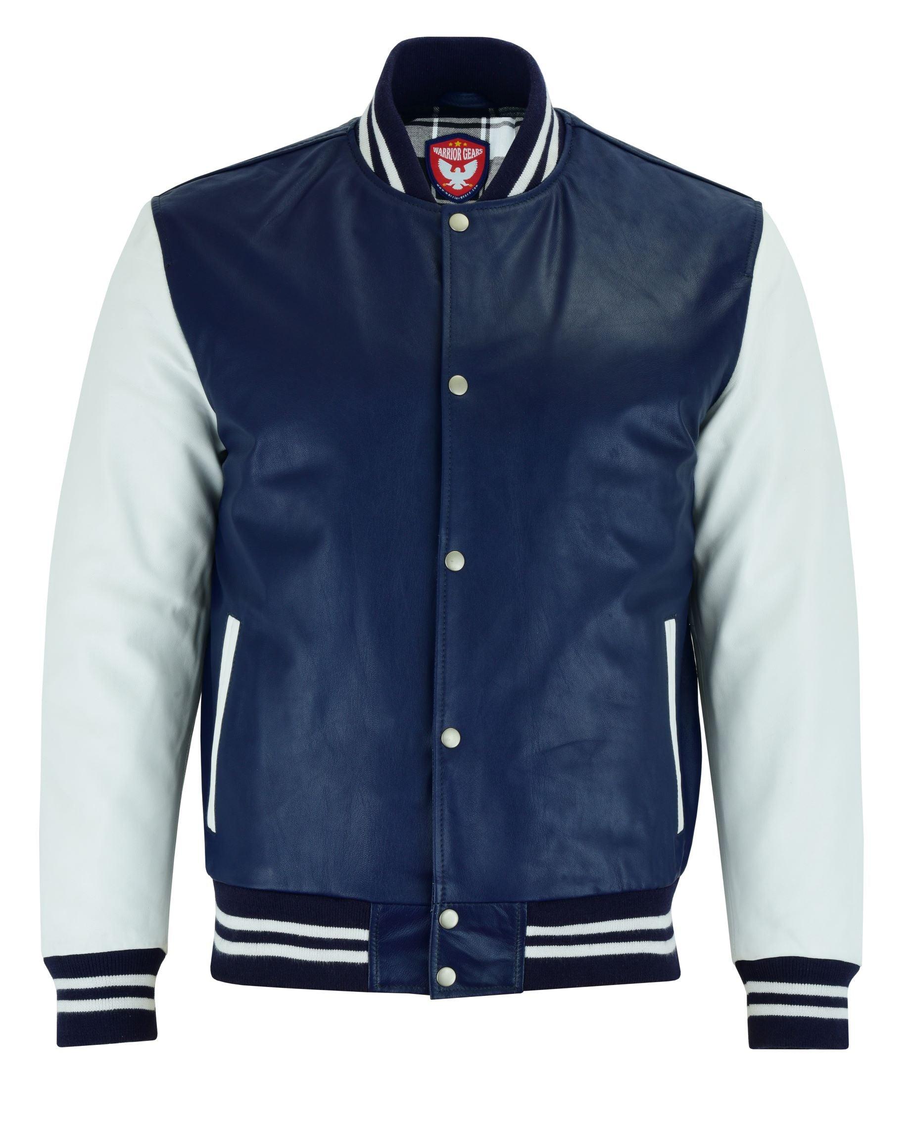 Warrior Gears® Leather Varsity Jacket -Blue Leather Body & White Leather Sleeves - Warrior Gears