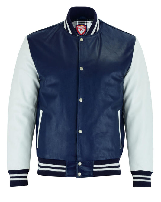 Warrior Gears® Leather Varsity Jacket -Blue Leather Body & White Leather Sleeves - Warrior Gears