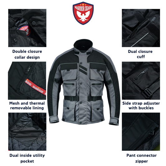 Warrior Gears 6 Pockets Mens Motorcycle Jacket Grey