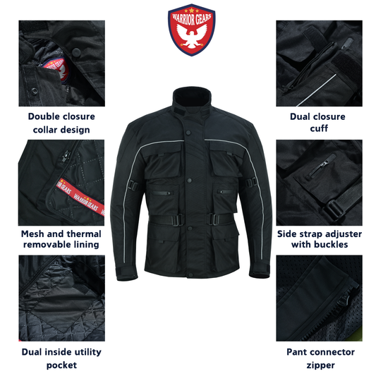 Warrior Gears 6 Pockets Mens Motorcycle Jacket Black