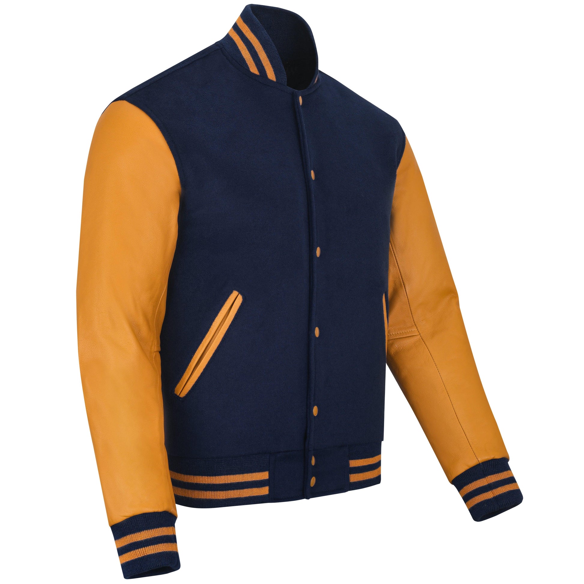 Warrior Gears® Classic Varsity Jacket University Letterman Bomber Jacket- Navy Blue Pure Wool Body & Gold/Yellow Real Leather Sleeves - Warrior Gears